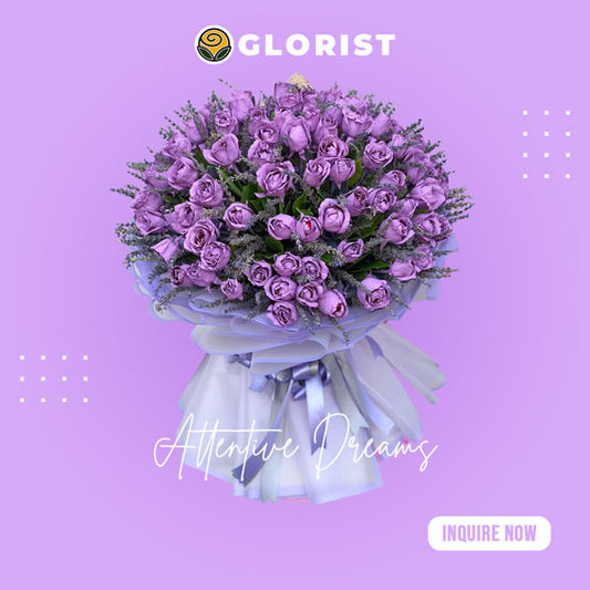 99 floral painted purple roses with Misty Blue bouquet in Korean wrap with satin ribbon. Impressive and passionate arrangement for special occasions. Flower delivery in Makati, Pasay, Cavite, and Rizal.