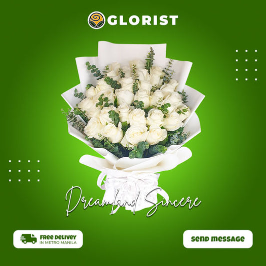 30 white Ecuadorian roses with eucalyptus fillers in white Korean wrapping with white satin ribbon - elegant flower arrangement for special occasions - flower delivery in Marilao, Bulacan