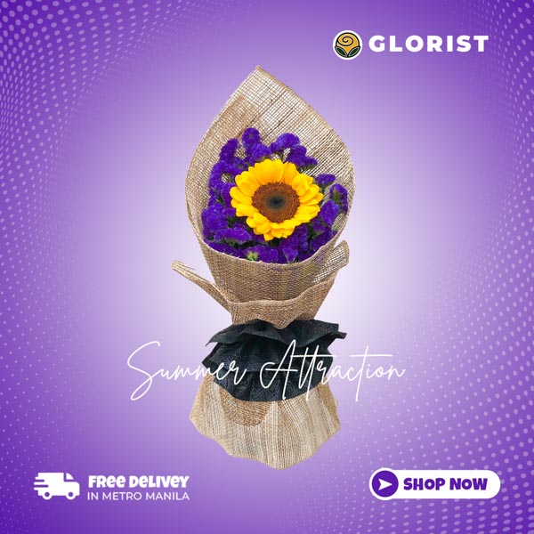 Summer Attraction: A captivating arrangement featuring a single sunflower accompanied by beautiful violet statice, elegantly wrapped in rustic burlap and tied with a delicate black tissue ribbon, evoking the charm of summer. Perfect for delivery to Ayala Malls Manila Bay and Robinsons Place Manila.