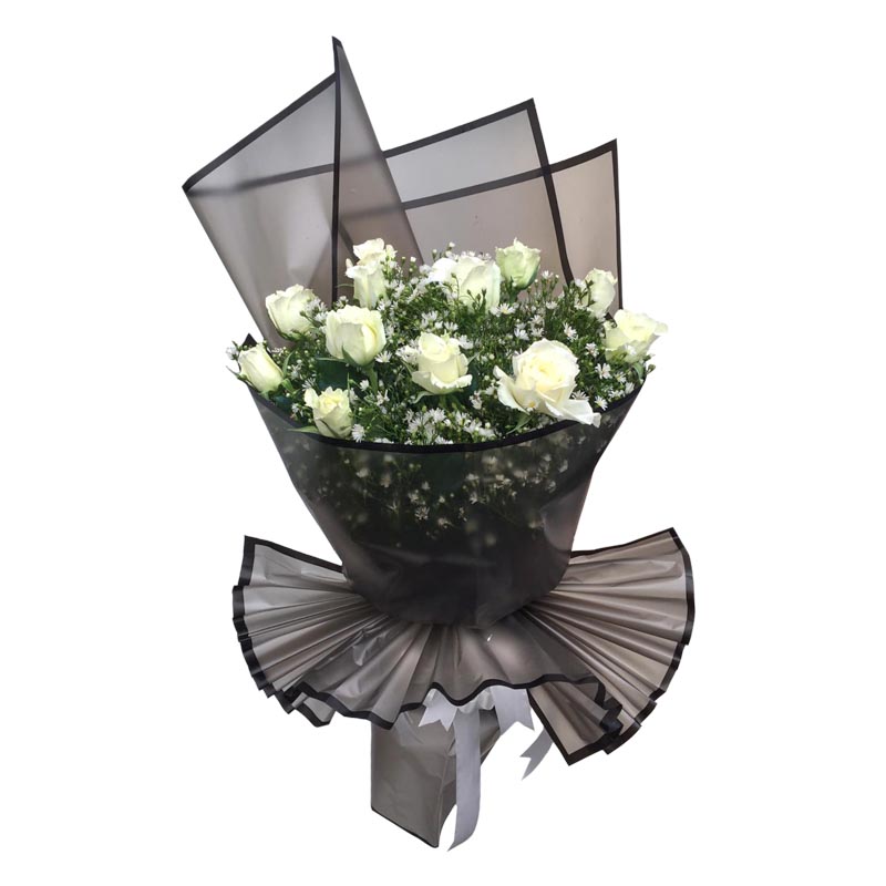 Bouquet of 12 White Roses with Aster Fillers in Korean-style packaging with decorative border and satin ribbon - elegant flower arrangement for any occasion - flower delivery to Robinsons Place Dasmariñas and SM City Sta. Rosa