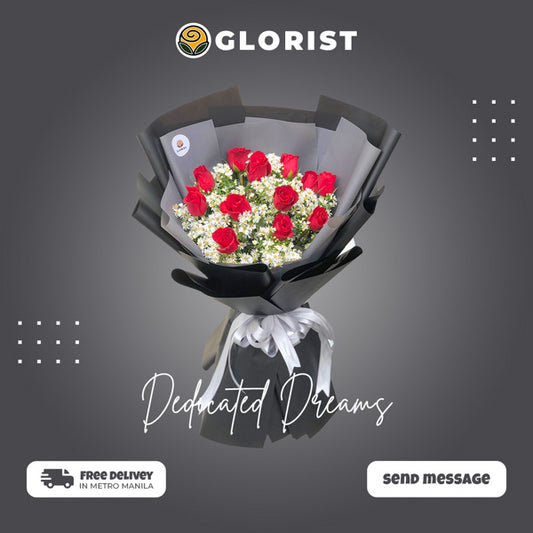 Country Dreams Bouquet: Capture the essence of pure romance with a dozen exquisite red Baguio roses and delicate aster, wrapped in maroon and white Korean film. A charming bouquet that evokes rustic beauty. Flower delivery in Los Baños, Laguna.