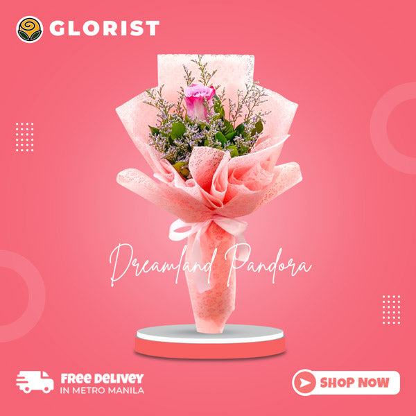 Single light pink Ecuadorian rose with misty blue fillers in light pink tissue wrapping and satin ribbon - elegant flower arrangement for special occasions - flower delivery in Bulakan, Bulacan