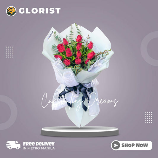 Elegant one dozen red roses with eucalyptus fillers in a Korean wrap, adorned with a satin ribbon for a touch of luxury. Perfect for romantic occasions. Flower delivery in Pasig, Parañaque, Pasay, and Quezon City.