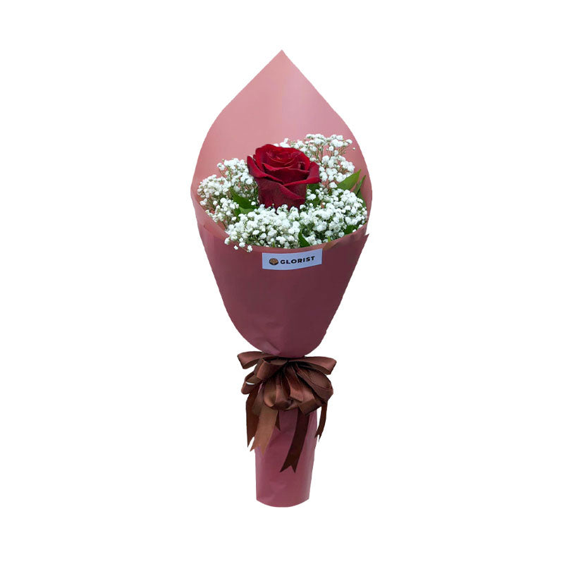 Single Ecuadorian rose with gypsophila fillers in Korean-style packaging with satin ribbon - elegant flower arrangement for special occasions - flower delivery to SM Mall of Asia and SM Megamall