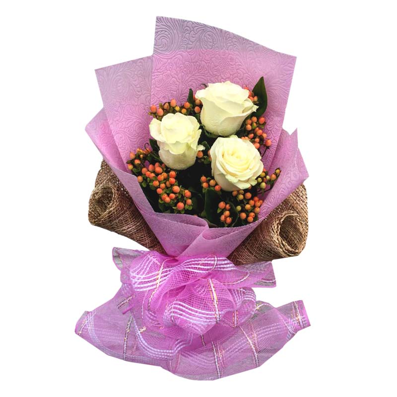 Timeless Beauty: Three white Ecuadorian roses with hypericum berries in Korean and burlap wrap with net accent - elegant flower arrangement for special occasions - flower delivery in Bustos, Bulacan