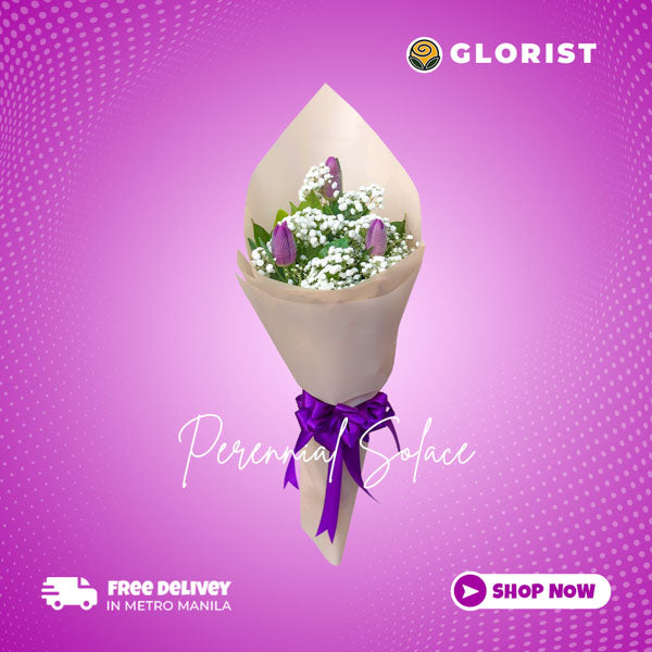 Sunny bouquet: 3 purple tulips with gypsophila fillers in Korean wrap with satin ribbon - charming blend of colors and textures - flower delivery to Barangay Fairview, Quezon City and Barangay South Triangle, Quezon City