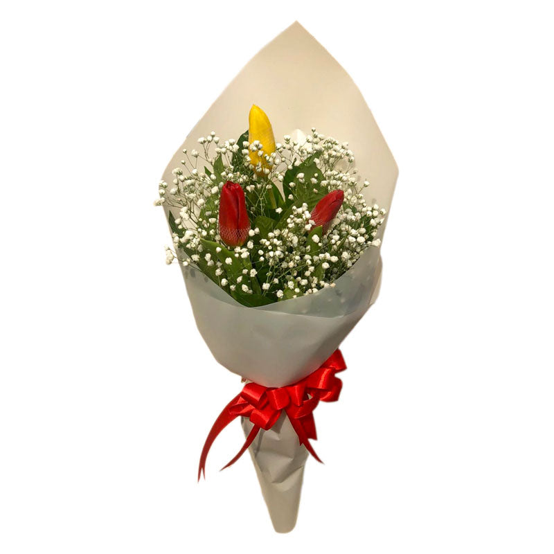 Sunny bouquet: yellow tulip and 2 red tulips with gypsophila fillers in Korean wrap with satin ribbon - charming blend of colors and textures - flower delivery to Barangay Don Bosco, Parañaque City and Barangay Moonwalk, Parañaque City