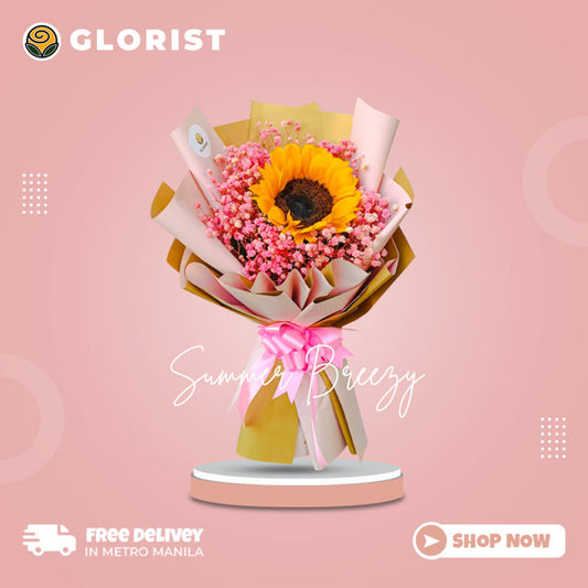 Captivating sunflower: A single sunflower embraced by delicate Gypsophila fillers, wrapped in a Korean style with a satin ribbon, exuding natural beauty. Perfect for delivery to La Mesa Ecopark and Quezon Memorial Circle."