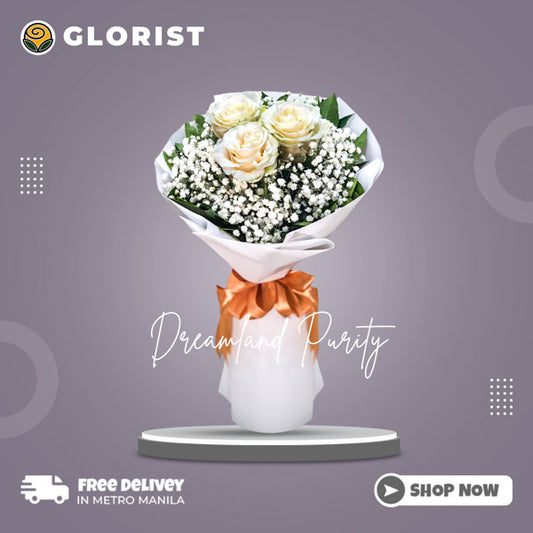 Dreamland Purity Bouquet: Three imported white Ecuadorian roses with rosal and gypsophila baby’s breath in white Korean film - delicate and elegant flower arrangement for special occasions - flower delivery in San Miguel, Bulacan