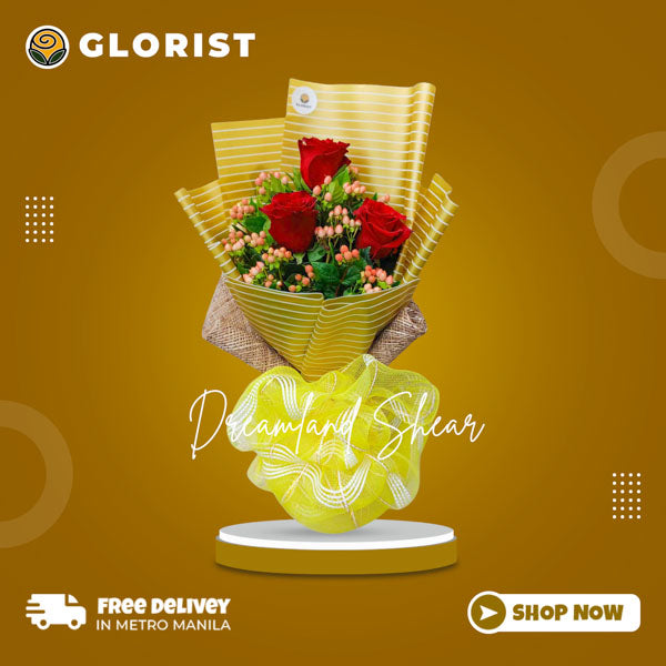 Three luscious red Ecuadorian roses with hypericum berries in striped golden Korean-style and burlap packaging with yellow net - elegant flower arrangement for special occasions - flower delivery in San Miguel, Bulacan