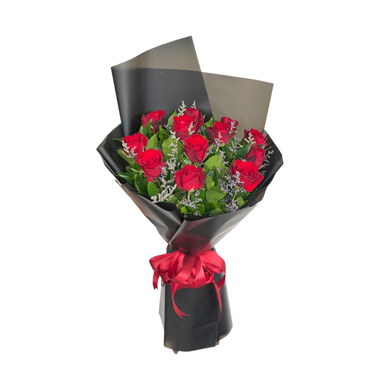 Elegant one dozen red roses with misty blue fillers in Korean wrap with satin ribbon - luxurious flower arrangement for special occasions - flower delivery to Malate Church and Baywalk