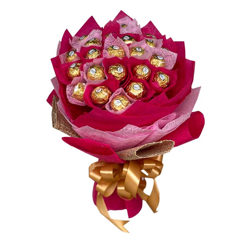 Delightful bouquet of a dozen Ferrero Rocher chocolates, beautifully wrapped in rustic tissue and burlap, finished with a satin ribbon. Perfect and charming gift for any occasion. Flower delivery in Santa Cruz, Laguna.