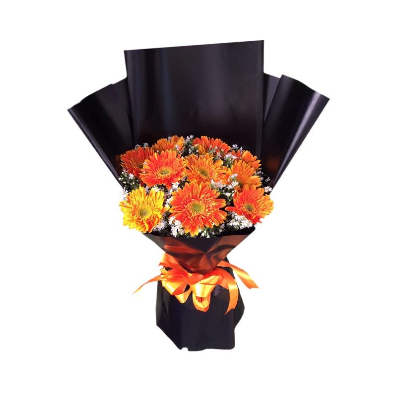 10 Orange Gerberas Bouquet with Aster Fillers in Korean wrap with satin ribbon - vibrant flower arrangement for special occasions - flower delivery to Sta. Lucia East Grand Mall and SM City Baliwag