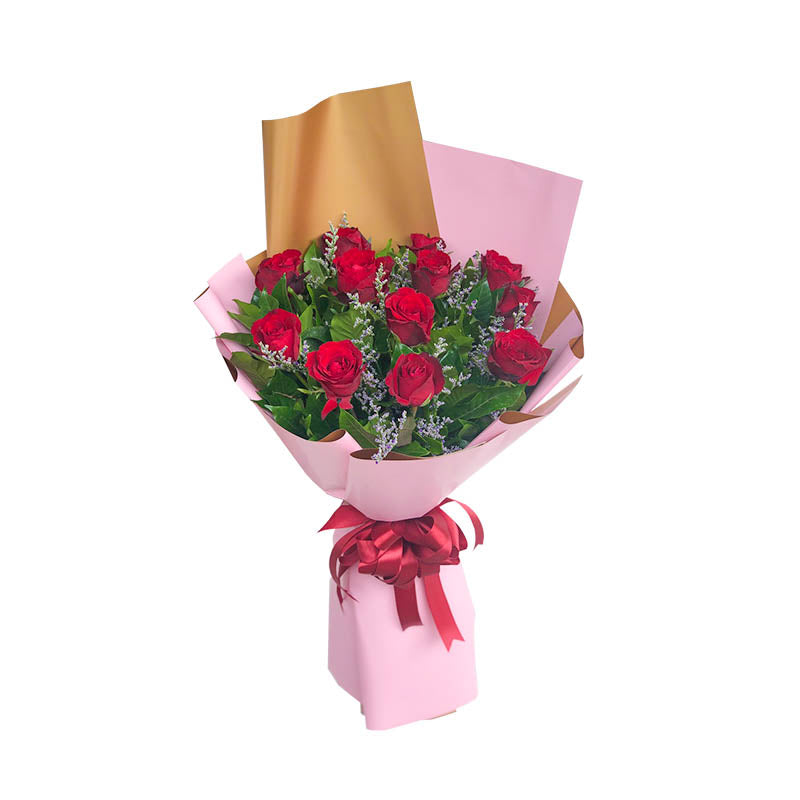 Precious Dreams: 12 red roses with rosal and misty blue fillers - romantic flower arrangement - flower delivery to Barangay Tonsuya, Malabon City and Barangay Acacia, Malabon City