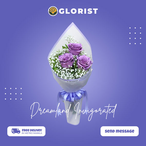 Three floral painted purple Ecuadorian roses with gypsophila in Korean-style and burlap packaging - elegant flower arrangement for special occasions - flower delivery in Hagonoy, Bulacan