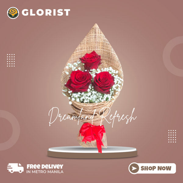 Three Ecuadorian roses with gypsophila fillers in burlap wrap with red satin ribbon - beautiful flower arrangement for special occasions - flower delivery in Malolos, Bulacan