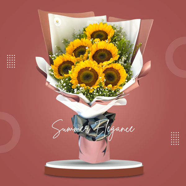 Sunny delight: Bouquet of 6 vibrant sunflowers accompanied by Aster fillers, wrapped in Korean style with a satin ribbon, exuding joy and radiance. Perfect for delivery to Intramuros Golf Club and Paco Park.