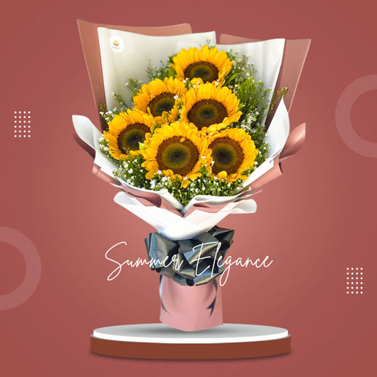 Sunny delight: Bouquet of 6 vibrant sunflowers accompanied by Aster fillers, wrapped in Korean style with a satin ribbon, exuding joy and radiance. Perfect for delivery to Intramuros Golf Club and Paco Park.