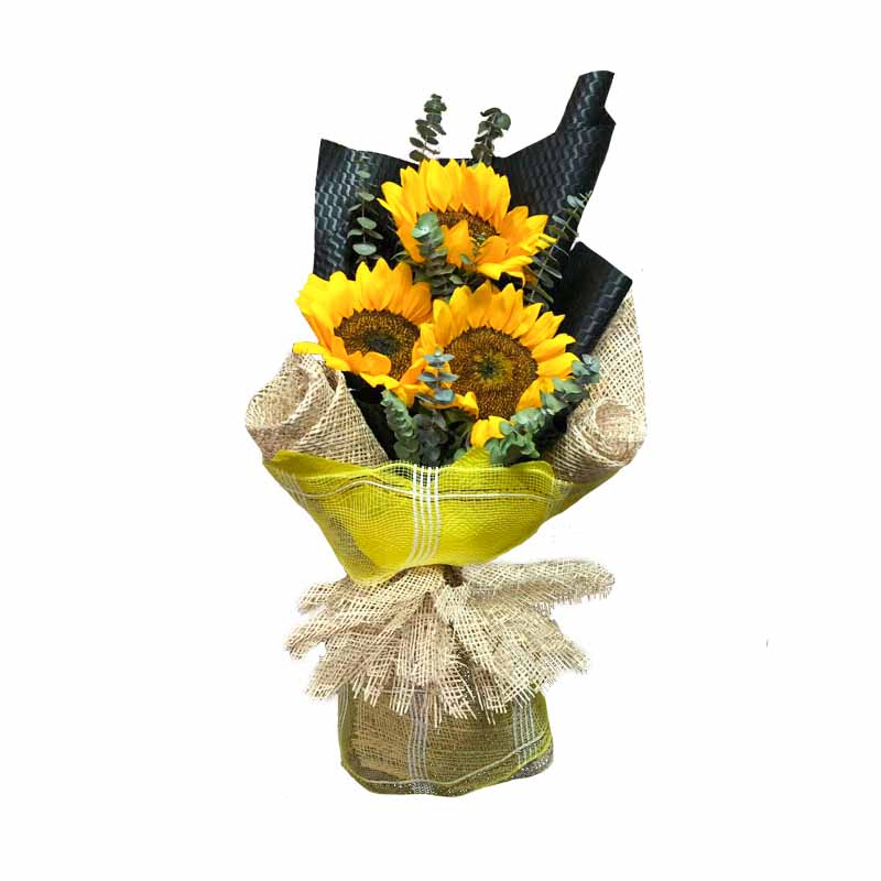 Bright sunflower trio with Eucalyptus leaves: Korean wrapped bouquet adorned with rustic burlap, radiating natural beauty and freshness. Perfect for delivery to Mall of Asia Arena and Manila Baywalk.