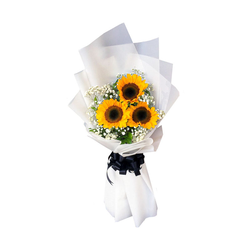 Vibrant 3 sunflower bouquet with delicate gypsophila fillers, presented in a stylish Korean wrap adorned with satin ribbon. Perfect for delivery to Uptown Bonifacio and Century City Mall.