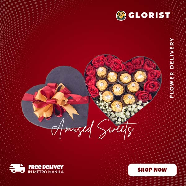 Amused Heart Flower Box Set with vibrant blooms and Ferrero Rocher chocolates in a heart-shaped box. Perfect for expressing affection and special moments. Flower delivery in Marikina, Las Piñas, Cavite, and Rizal.