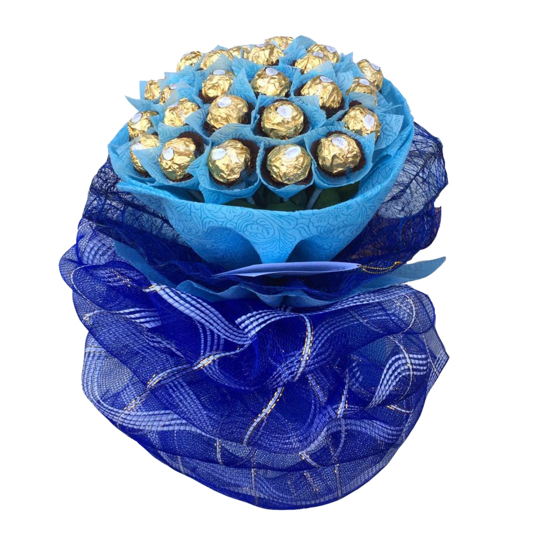 Luxurious bouquet featuring 24 exquisite Ferrero Rocher chocolates, presented with tissue and abaca wrap, adorned with a delicate net overlay. Elegant and indulgent arrangement. Flower delivery near Ayala Triangle Gardens, Trinoma, Pinto Art Museum, and Antipolo Cathedral.