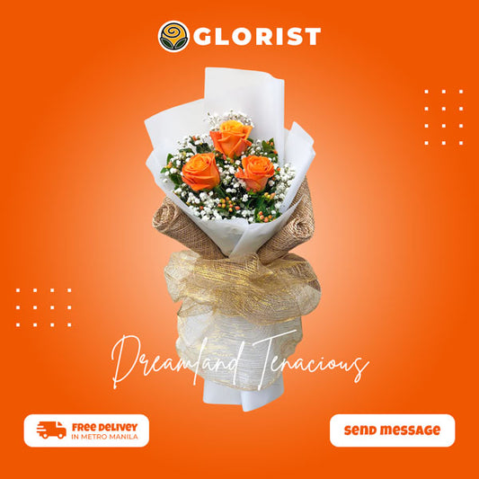 Three orange Ecuadorian roses with hypericum berries and gypsophila fillers in burlap and white Korean wrap - elegant flower arrangement for special occasions - flower delivery to Greenbelt Mall and Glorietta Mall