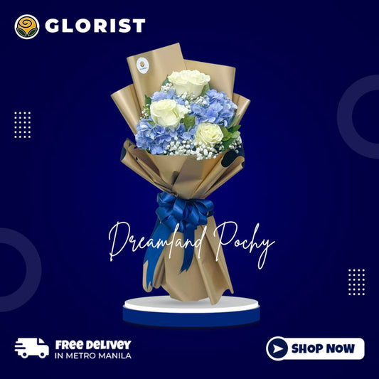 Three white Ecuadorian roses with hydrangea and gypsophila fillers in two-toned Korean wrap with blue satin ribbon - elegant flower arrangement for special occasions - flower delivery in Pandi, Bulacan