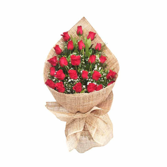 Classic Beauty: 2 dozen red roses with aster fillers in burlap wrap - rustic and charming flower arrangement for any occasion - flower delivery to Binondo (Chinatown) and Divisoria