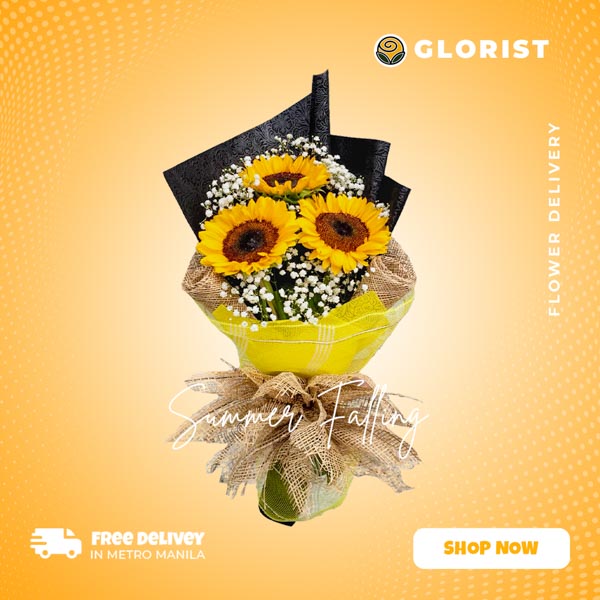 Sunny trio: Bouquet featuring 3 sunflowers and delicate Gypsophila fillers, wrapped in tissue paper, burlap, and net for a rustic touch of charm. Perfect for delivery to SM Megamall and SM City North EDSA.