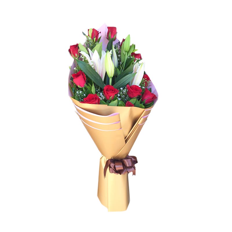 Exquisite Stargazer & Red Rose Bouquet with Aster Fillers in two-tone Korean wrap with satin ribbon - elegant flower arrangement for special occasions - flower delivery to Luneta Park and Intramuros