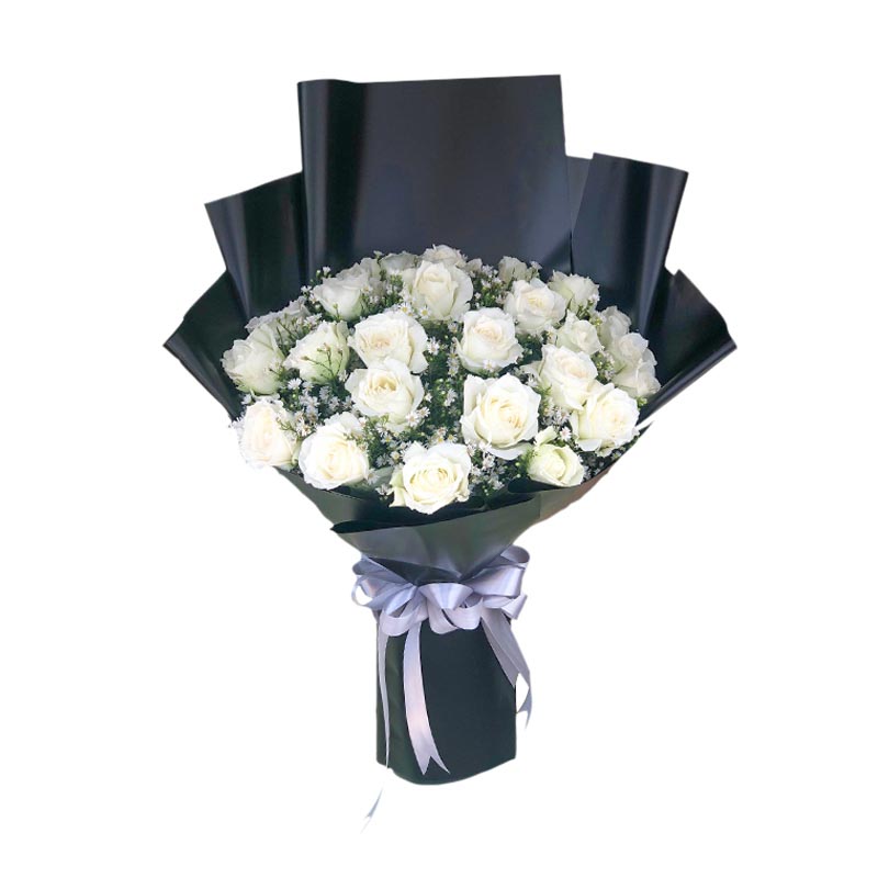 Fierce Dreams Bouquet: Two dozen white Baguio roses with aster fillers in black Korean film with silver ribbon - elegant and sophisticated flower arrangement for special occasions - flower delivery to SM City Marilao and Vista Mall Malolos