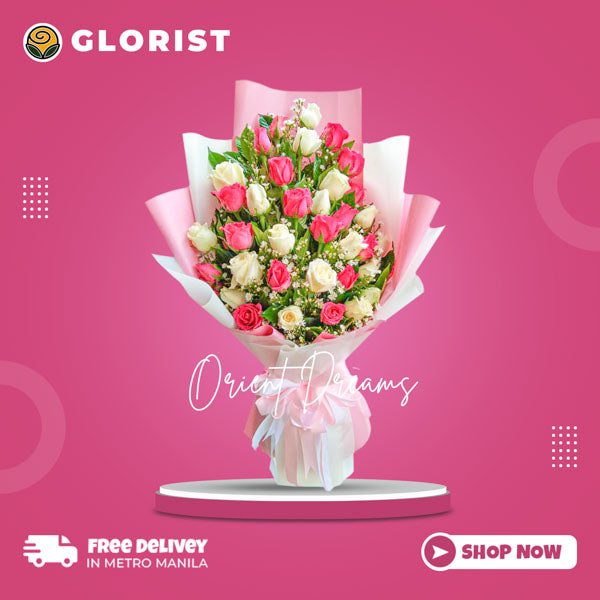 Orient Dreams: 18 white and 18 dark pink Baguio roses with aster fillers - stunning and elegant flower arrangement - flower delivery to Entertainment City and Solaire Resort and Casino