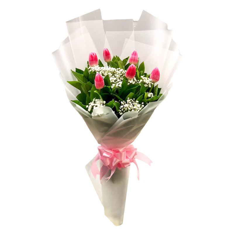 Enchanting bouquet: 6 pink tulips with gypsophila fillers in Korean wrap with satin ribbon - elegant flower arrangement for special occasions - flower delivery to Barangay Loyola Heights, Quezon City and Barangay Diliman, Quezon City