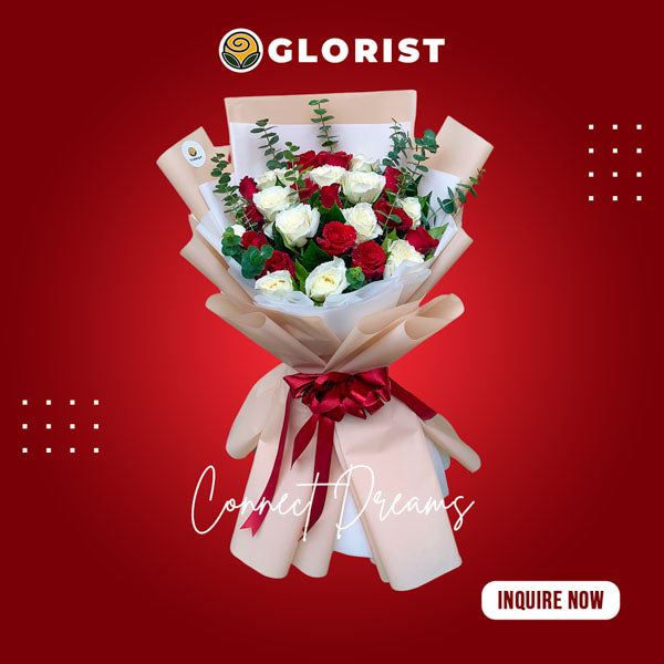 Captivating bouquet of red and white roses with delicate eucalyptus fillers, arranged in a Korean-style wrap and adorned with a satin ribbon. Perfect for special occasions. Flower delivery in Imus, Cavite.