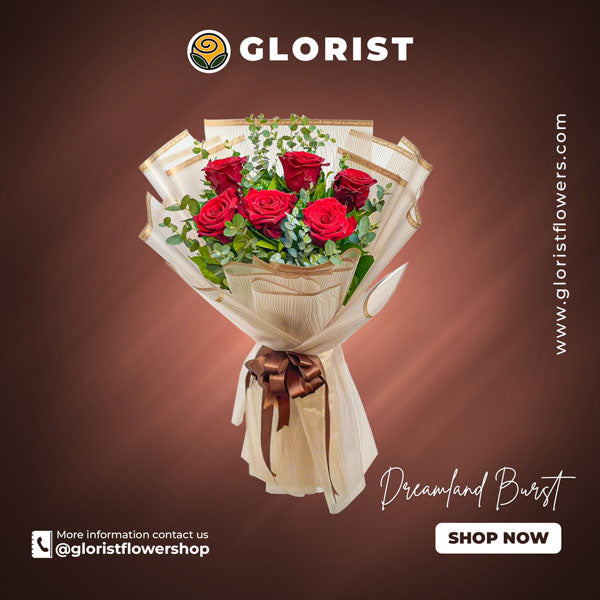 6 red Ecuadorian roses with eucalyptus fillers in Korean-style wrapping with brown satin ribbon - perfect for special occasions - Glorist Flower Shop, Malolos, Bulacan