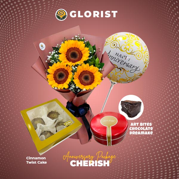 Cherish Anniversary Package with sunflower bouquet, anniversary balloon, chocolate dream cake, and cinnamon twist cake for delivery in Metro Manila, Rizal, Bulacan, Laguna, and Tagaytay.