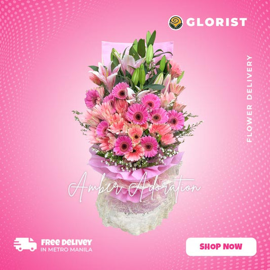 Vibrant bouquet with dark and light pink gerberas, stargazers, and aster fillers, wrapped in tissue and abaca. Ideal for special occasions. Flower delivery in Mandaluyong, Paranaque, Tagaytay, and Bulacan.