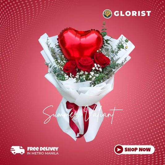 3 red Ecuadorian roses with heart balloon, eucalyptus, gypsophila, and misty blue fillers in white Korean-style wrapping with red satin ribbon - perfect flower arrangement for special occasions - flower delivery in Bocaue, Bulacan