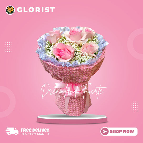 5 light pink Ecuadorian roses with gypsophila fillers in burlap wrap - elegant flower arrangement for special occasions - flower delivery in Plaridel, Bulacan