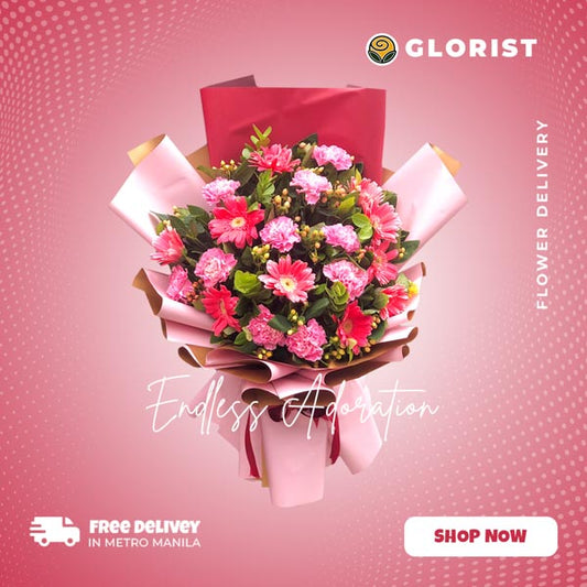 Captivating Floral Ensemble: Pink gerberas, light pink carnations, and hypericum berries in two-tone Korean wrap with satin ribbon - elegant flower arrangement for special occasions - flower delivery to Eastwood Mall and Century City Mall