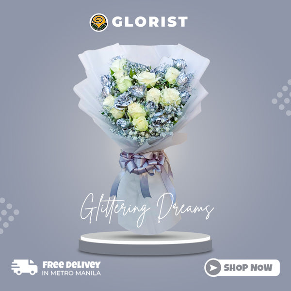 Glittering Dreams: White and floral painted silver Baguio roses with gypsophila fillers - stunning and elegant flower arrangement - flower delivery to SM City Marilao and Vista Mall Malolos