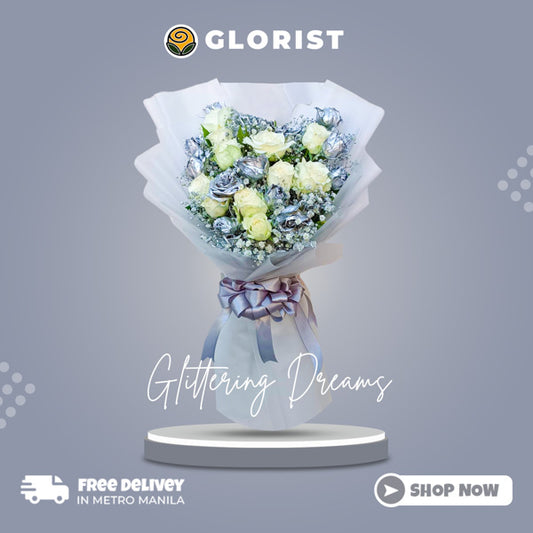 Glittering Dreams: White and floral painted silver Baguio roses with gypsophila fillers - stunning and elegant flower arrangement - flower delivery to SM City Marilao and Vista Mall Malolos