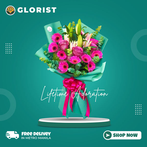 Stunning floral arrangement with 10 dark pink gerberas, 3 purple roses, and stargazer lilies with eucalyptus fillers in emerald Korean wrap tied with fuchsia pink satin ribbon - elegant flower arrangement for weddings and special occasions - flower delivery to San Juan Greenhills and Greenhills Shopping Center