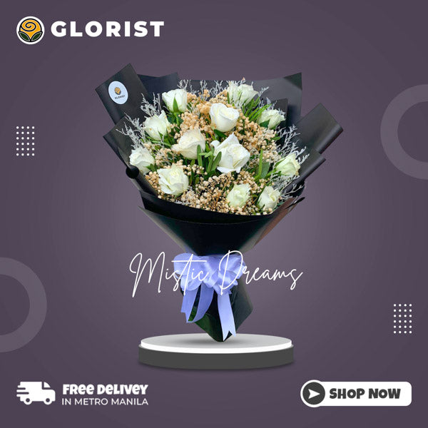 Mistic Dreams Bouquet: One dozen white Baguio roses with misty white and gypsophila fillers in black Korean film with blue ribbon - elegant and sophisticated flower arrangement - flower delivery to Antipolo Cathedral and Pinto Art Museum