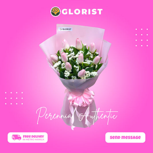 Graceful bouquet: 9 light pink tulips with statice fillers in Korean wrap with satin ribbon - beautiful flower arrangement for special occasions - flower delivery to SM Sucat and Las Piñas City Hall