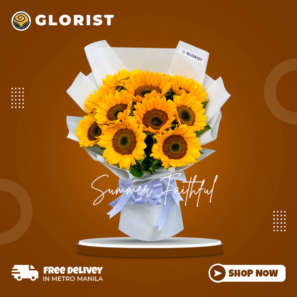 Bountiful beauty: A dozen vibrant sunflowers elegantly wrapped in a Korean style with a satin ribbon, symbolizing warmth, happiness, and radiance. Perfect for delivery to Uptown Bonifacio and Century City Mall.