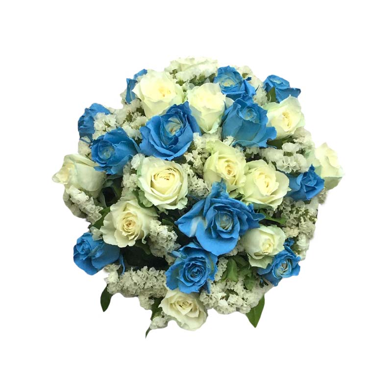 Captivating bridal bouquet featuring a blend of pristine white roses and delicate light blue roses adorned with statice fillers, exuding elegance and charm. Perfect for delivery to Ayala Malls Manila Bay and Robinsons Place Manila.