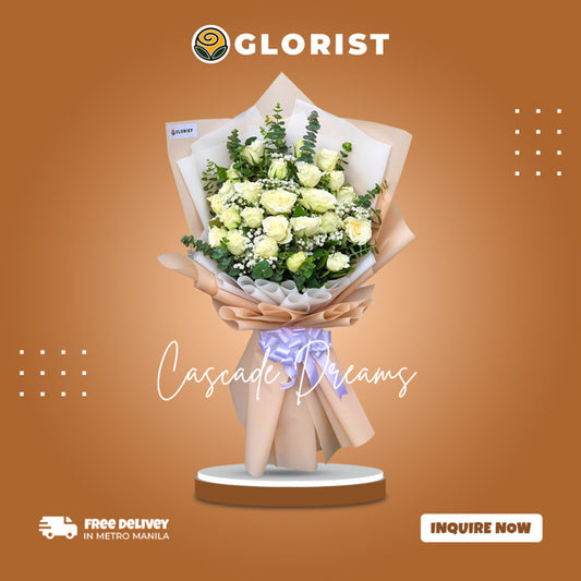 White roses bouquet with gypsophila and eucalyptus leaves, elegantly arranged in a Korean wrap and adorned with a satin ribbon. Perfect for special occasions. Flower delivery in Caloocan, Las Piñas, Mandaluyong, and Makati.