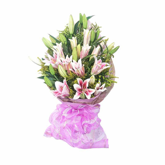 7 Stargazers Bouquet with Golden Rode Fillers in tissue and burlap wrap with net cover - stunning flower arrangement for special occasions - flower delivery to SM City Marilao and Vista Mall Malolos